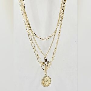 Layered 3 Chain Necklace Pendant Cross 14K gold plated‎